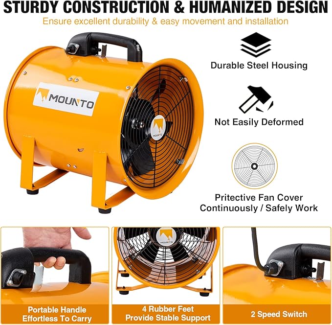 MOUNTO 12-Inch Heavy Duty Cylinder Axial Fan with 25-Foot Vinyl Hose | High-Performance Portable Blower/Exhaust Fan | 2900 CFM Directional Airflow for Crawl Spaces, Attics, Basements - Image 4