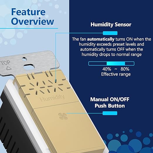LIDER No Neutral Wire Required Humidity Sensor Switch, Automatic Humidity Detection, Air Circulator, Bathroom Fan Automated Control, Adjustable Timing, 1-Pole, Gold, Screwless Wall Plate Included - Image 2