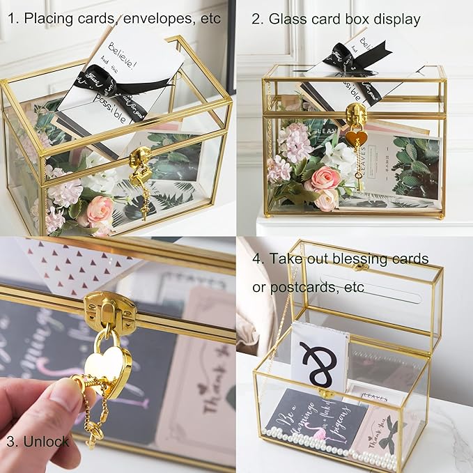 Glass Wedding Card Box with Slot and Lock, Large Clear Card Box Gold Brass Gift Card Storage Box with Lock for Wedding Receptions, Baby Shower, Birthday Party, Bridal Shower - Image 5