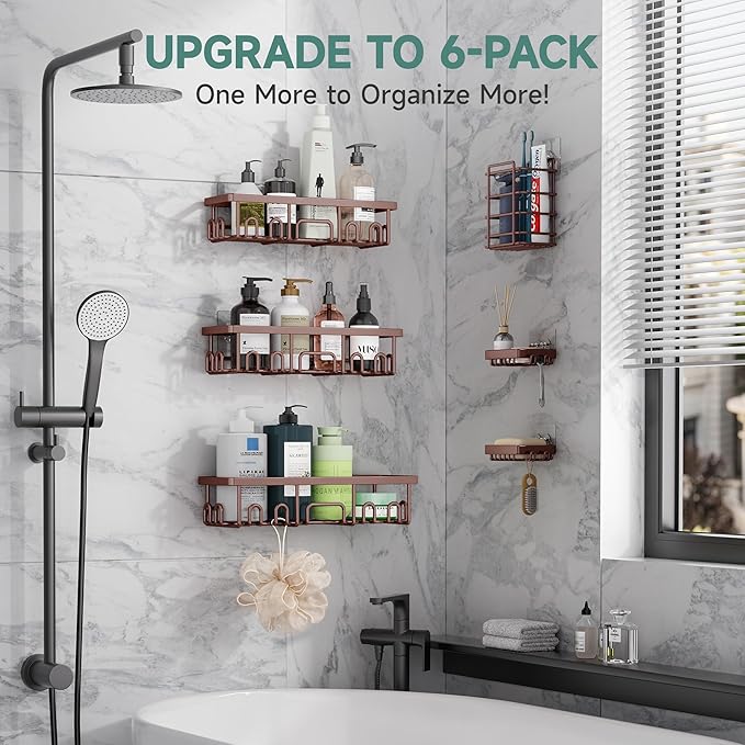 Veken Shower Caddy 6-Pack, No Drilling & Rustproof, Waterproof Adhesive Shelves Rack with Soap Holder, Large Capacity Bathroom Organizers and Storage, Wall-Mounted Kitchen & Home Decor - Image 6