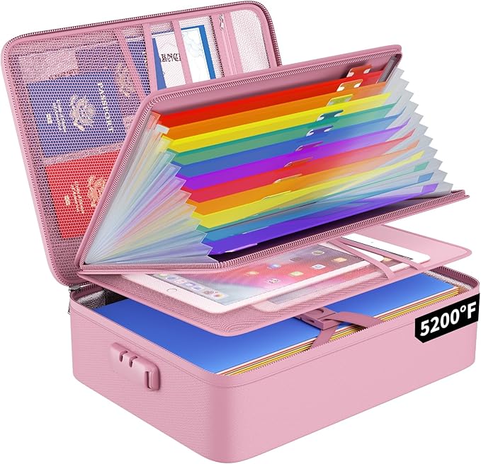 ENGPOW Fireproof File Organizer Bag with 13 Colorful Pockets Accordion File Folder,5200℉ Document Organizer Box with Lock&Labels,Multi-Layer Portable Home Safe Storage for Important Documents,Pink by ENGPOW