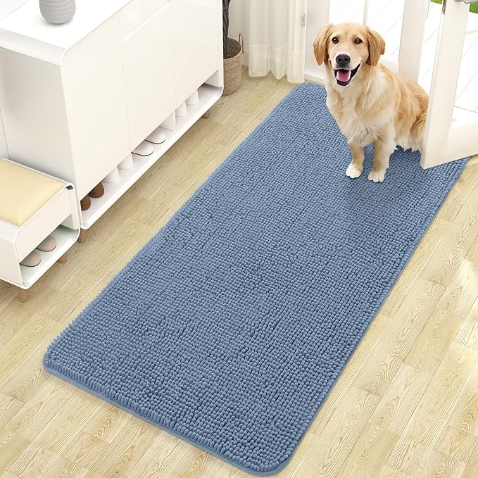 OLANLY Dog Door Mat for Muddy Paws 47x24, Absorbs Moisture and Dirt, Absorbent Non-Slip Washable Doormat, Quick Dry Chenille Mud Mat for Dogs, Entry Indoor Entryway Carpet for Inside Floor, Airy Blue by OLANLY