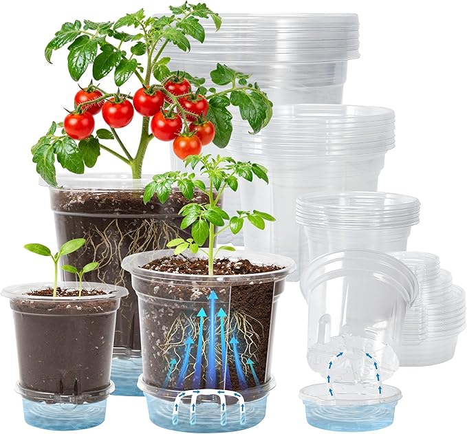 18 Pack 6.5/5/4 Inch Clear Self Watering Plant Pots with Bottom Water Tray & Watering Rope, Transparent Nursery Pots with Drainage for Seedlings, Herbs, and Houseplants by Bluepro