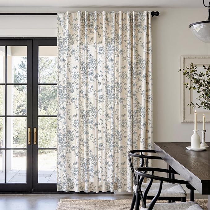jinchan Linen Floral Curtains Extra Wide for Patio Sliding Glass Door Room Divider Curtain for Living Room 90 Inch Length Farmhouse Peony Blue Printed Curtain Set 1 Panel - Image 2
