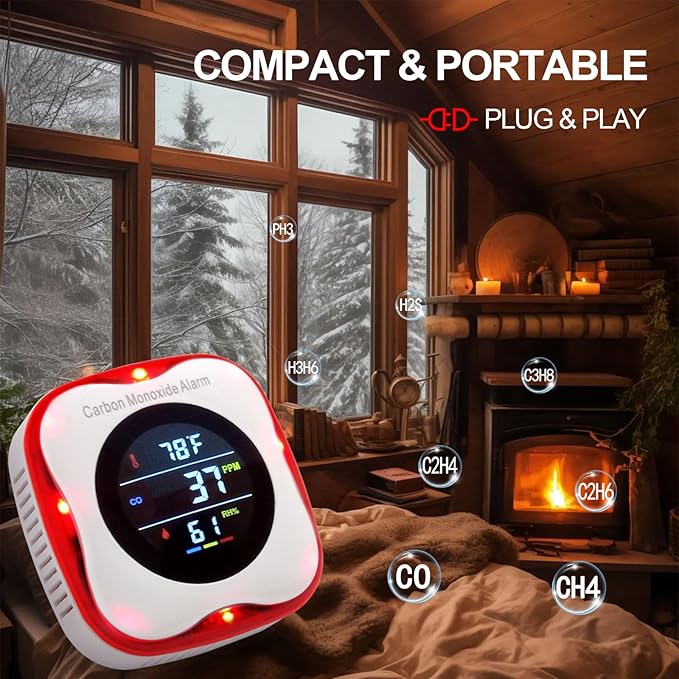 Plug-in Carbon Monoxide Detector with Real-time CO Display and Temperature and Humidity Monitor, Suitable for Home, RV, Apartment, Indoor air Safety Plug-in CO Compact Alarm - Image 5