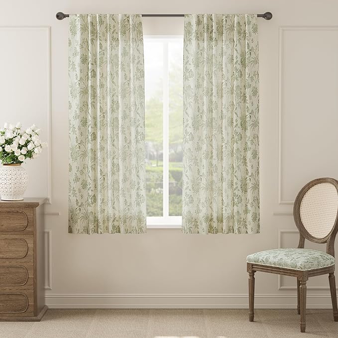 jinchan Linen Floral Curtains for Living Room with Printed Flower 63 Inches Long Light Filtering French Country Back Tab Rod Pocket Sage Green Window Curtain Set Farmhouse Drapes 2 Panels - Image 2