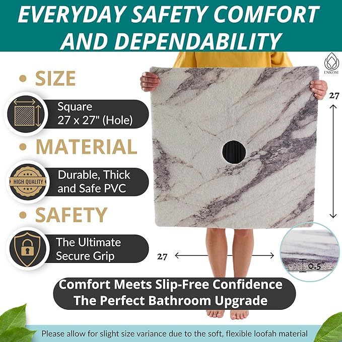 Enkosi Loofah Shower Mat with Drain Hole – Cushioned Anti-Slip Square Bath Mat for Showers, Wet Bathroom Floors – Textured PVC, Secure Non Slip Safety Pad for Walk-in Stalls (27x27 Marble Grey) - Image 3