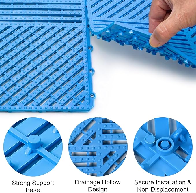 MYFAMIREA Modular Interlocking Cushion 12 Pack 11.8" x 11.8" Rubber Floor Tiles Non-Slip Splicing Drainage Mats for Deck, Pool, Shower, Patio, Balcony, Bathroom, Kitchen, Yard (1 Rows Dots, Blue) - Image 4