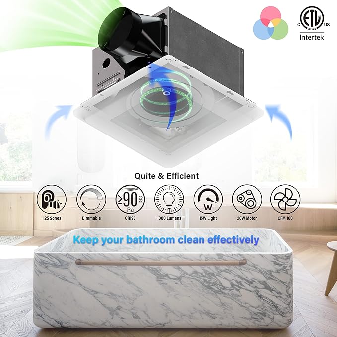 Smart Bathroom Exhaust Fan: 100CFM Bath Fan With Color-Changing Lighting, Remote Control Built-in RGBWW LED Light, Ultra-Quiet 1.2 Sones, 2700K-5000K, Dimmable & Wet, ETL Certified - Image 2