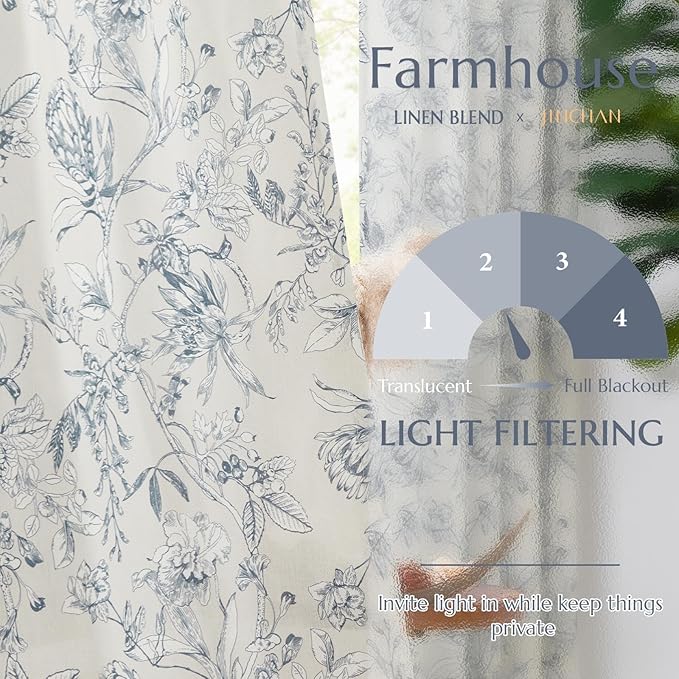 jinchan Floral Curtains 96 Inches Long Blue Flower Linen Farmhouse Curtain for Living Room French Country Vintage Curtain Rod Pocket Curtains Set 2 Panels Blue Floral Printed - Image 3