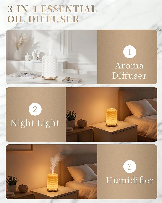 Essential Oil Diffuser,120ML 2.4MHz Ultrasonic Aromatherapy Diffusers for Essential Oils Large Room, Ceramic Diffusers Decorative Aroma Diffuser, Ideal Air Diffusers for Home, Room Decor, Yoga, White - Image 2