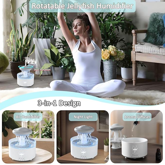 Humidifier for Bedroom, Rotating Umbrella Diffuser with Rain Drop Effect 7-Color LED, 300ML Small Humidifier with Remote & Timer, Funny Rain Humidifiers Gift for Family and Friends (White 1) - Image 6