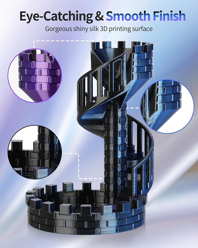 LANDU Silk Tri-Color PLA Filament 1.75mm 1Kg,Triple Color Silk PLA Filament, Silk Rainbow PLA Filament,Neatly Wound 3D Printer Filament, 3 in 1 Multi Color Filament +/-0.02mm, Silk Black Blue Purple - Image 3