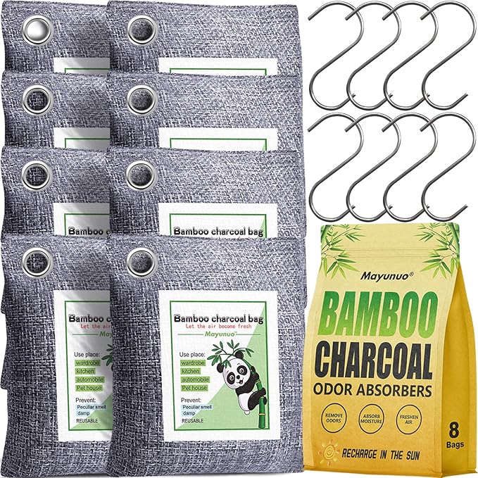 Activated Charcoal Odor Absorber for Strong Odor, Basement, Cars, Closets, Shoes, Smoke. 8 Pack Bamboo Charcoal Air Purifying Bags Deodorizer Odor Eliminator for Home by Mayunuo
