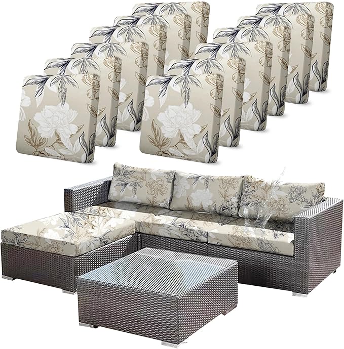 12Pcs Outdoor Stretch Cushion Covers,Waterproof Outdoor Chair Floral Cushion Covers for Patio Furniture, Washable Beige Couch Covers Replacement for Patio Furniture by CALBODE