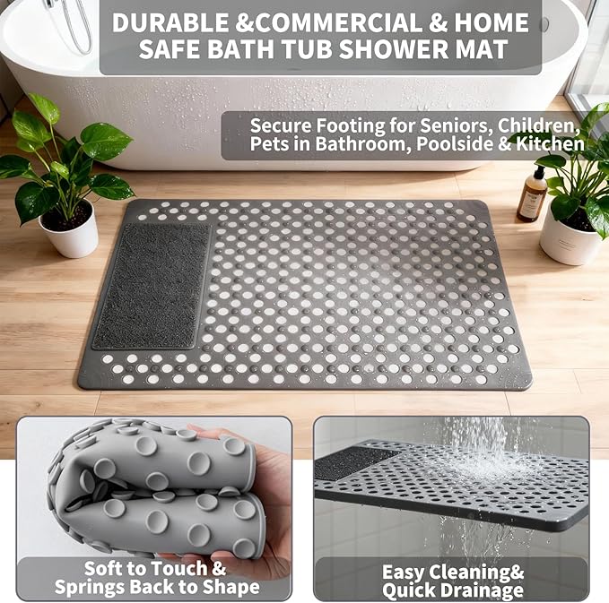 Bath Tub Shower Mat with Soft Shower Foot Scrubber Mat for Massage,Non Slip Bathtub Mat with Strong Suction Cups, Silicone Shower Foot Scrubber Mat (Gray, 35.4" X 23.6"(Rectangular)) - Image 5