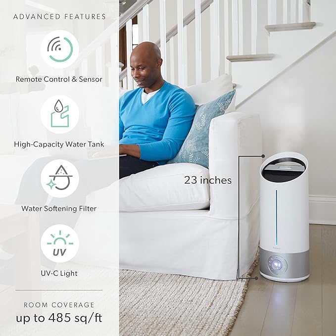 TruSens Clean Mist Ultrasonic Humidifier With UV-C Light, Large 8L Tank, Humidity Sensor, Warm & Cool Mist, Water Softening Filter, Essential Oil Tray, Auto Mode, Night Mode, Portable Handle - Image 2