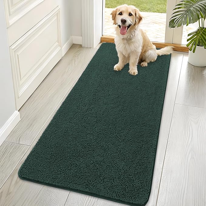 OLANLY Dog Door Mat for Muddy Paws 70x35, Absorbs Moisture and Dirt, Absorbent Non-Slip Washable Doormat, Quick Dry Chenille Mud Mat, Entry Indoor Entryway Carpet for Inside Floor, Blackish Green by OLANLY