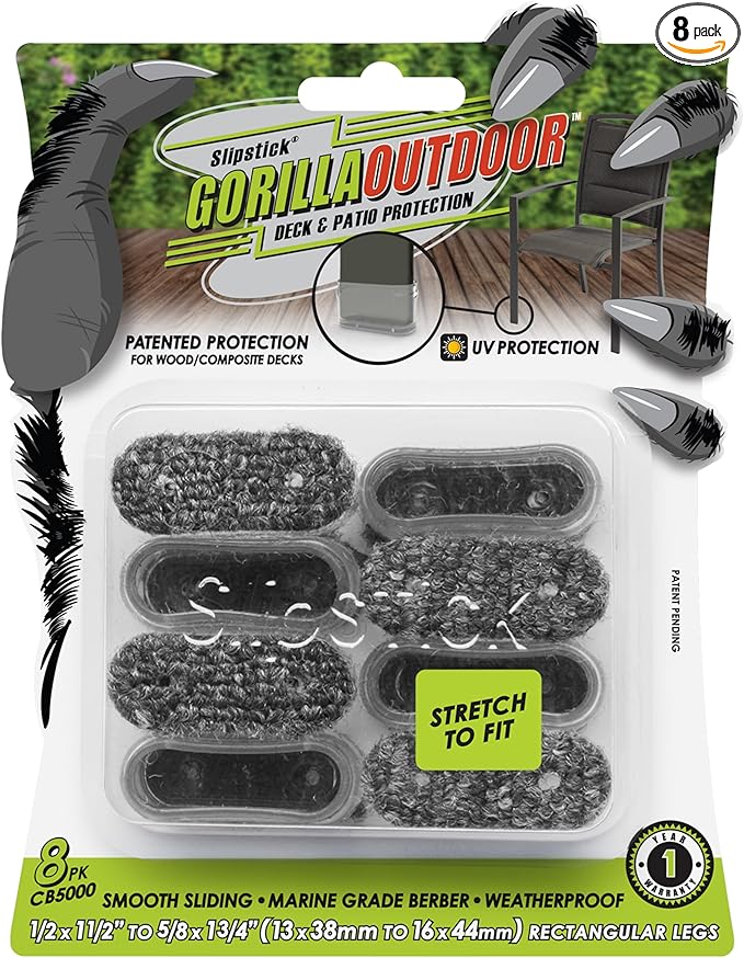 Slipstick GorillaOutdoor Berber Furniture Feet Pads with Clear Sleeve Sock (8 Pack) Weatherproof Outdoor Furniture Sliders for Medium Rectangular Legs by Slipstick
