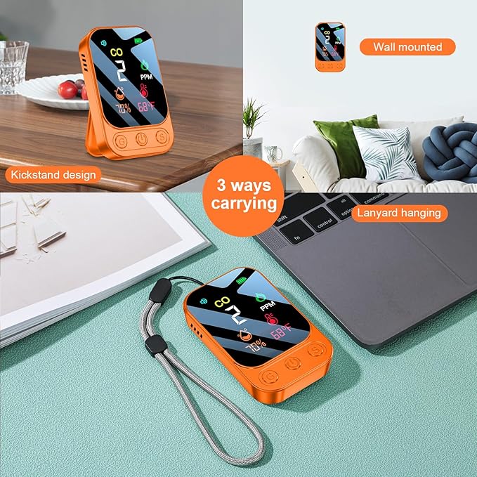 Travel Carbon Monoxide Detectors [3-in-1] Mini Size Portable CO Detector with Kickstand & Lanyard 85 dB Alarm [CO Temp Humidity Sensor] for Indoor Outdoor Camping Travel RV Hotel (New Orange) - Image 2