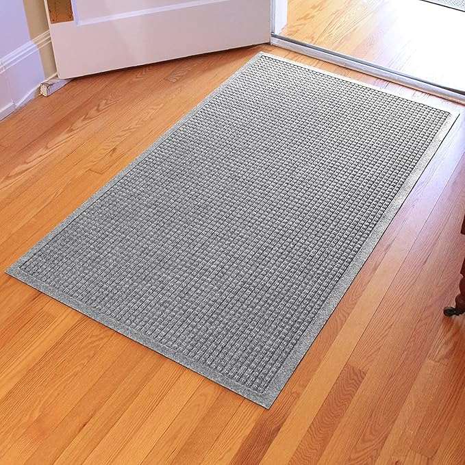 WaterHog Squares Front Door Mat Indoor Outdoor Entrance, Absorbent All-Weather Doormat Non-Slip Rubber Backing, Dirt & Moisture Trapper, Low Profile, Easy Clean, Made in USA, 35.5"x59.5" Medium Grey - Image 4