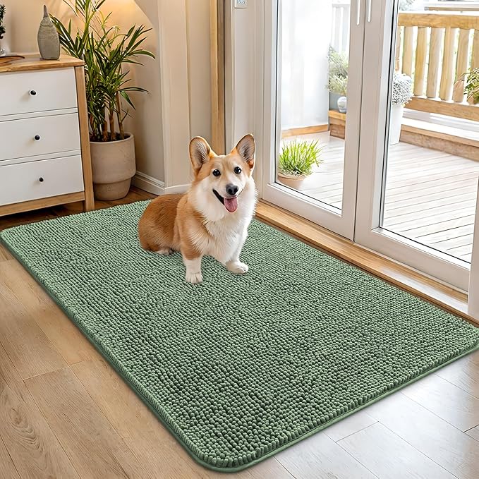 OLANLY Dog Door Mat for Muddy Paws 45x27, Absorbs Moisture and Dirt, Absorbent Non-Slip Washable Doormat, Quick Dry Chenille Mud Mat, Entry Indoor Entryway Carpet for Inside Floor, Olive Green by OLANLY