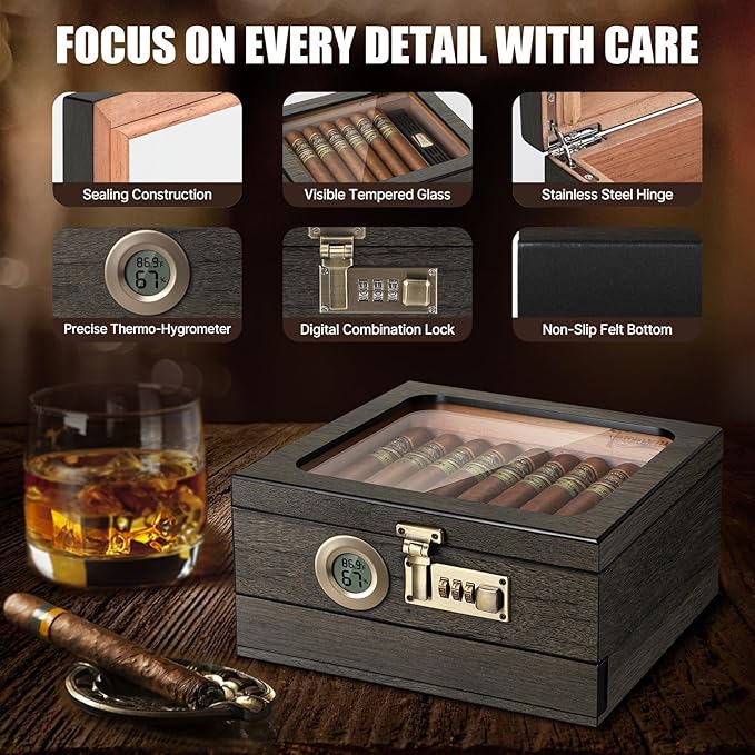 Cigar Humidor,Cedar Wood Humidor Cigar Box,Glass Top Desktop Humidor with Digital Thermo-Hygrometer, Humidifier, Divider, Accessories Drawer and Combination Lock,Cigar Gift for Men - Image 7