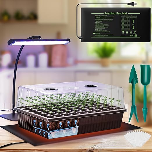 60-Cell Self-Watering Seed Starter Kit with Grow Light and Heat Mat, Seedling Tray with Humidity Dome, Indoor Plant Germination Tray for Beginners - Grow Tomatoes, Peppers, Herbs & Flowers by DazSpirit