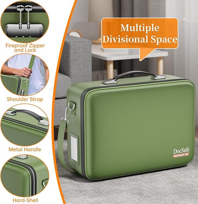 DocSafe Fireproof Document Box with Lock, Hard Case File Organizer with Accordion File Folder, Fireproof Water Resistant Safe Box Home Office Travel Storage for Important Documents Laptop Green - Image 4