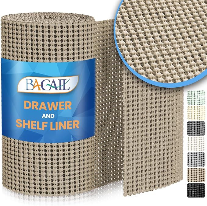 BAGAIL Drawer and Shelf Liner, 20 in X 30 Ft Non-Adhesive Shelf Liners for Kitchen Cabinets, Thick Strong Grip Liners for Desk, Shelves, Bathroom Drawers, Cabinet Protection - Beige by BAGAILBASICS