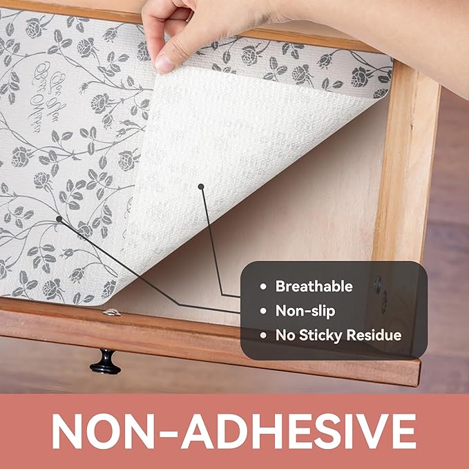 RAY STAR Shelf Liner, 12 Inch x 10 Feet Non Adhesive Floral Kitchen Cabinet Liner for Pantry Drawer Vanity, Strong Grip Non Slip, Wisteria Grey Shelf Liners for Kitchen Cabinets Cupboard - Image 8