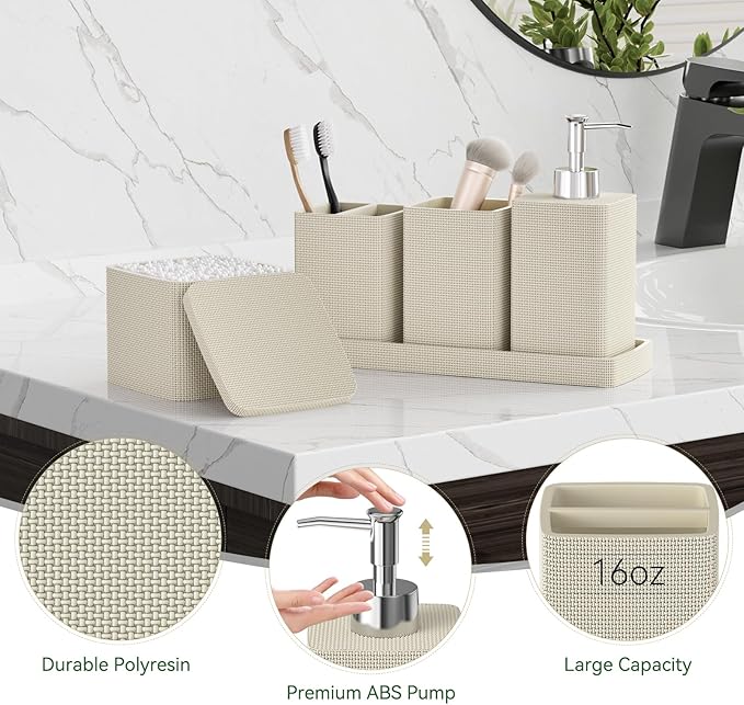 Beige Bathroom Accessories Set 5 Pieces, Resin Toothbrush Holders Set Complete with Soap Dispenser, Toothbrush Holder, Vanity Tray, Bathroom Tumbler and Qtip Holder for Small Spaces - Image 4