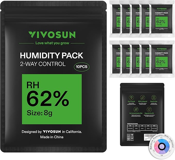 VIVOSUN 62% RH Two-Way Humidity Control Packs, Size 8 g, 10 Packs, Each for Storing 1 oz, Moisture Balancer with RH Indicator Card for Food Storage by VIVOSUN
