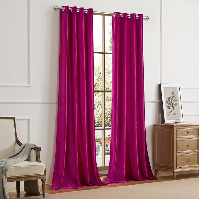 BULBUL Living Room Velvet Window Curtains 96 inch Length- 2 Panels Hot Pink Blackout Window Drapes Curtain Thermal Insulated Room Darkening Decor Grommet Curtains for Bedroom - Image 9