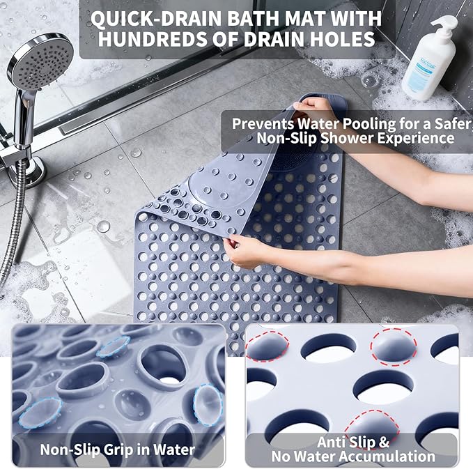 Bath Tub Shower Mat with Soft Shower Foot Scrubber Mat for Massage,Non Slip Bathtub Mat with Strong Suction Cups, Silicone Shower Foot Scrubber Mat (Dusty Blue, 27.5" X 15.7"(Rectangular)) - Image 3