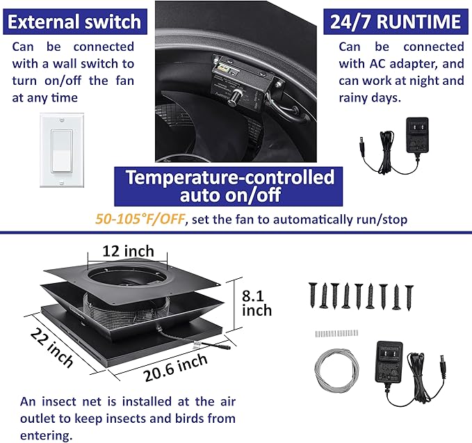 Smart Hybrid Solar Attic Exhaust Fan Pro–USA Engineered with German Tech, 2850 CFM 50W Solar Panel, 40-104℉ Thermostat, Cool & Dehumidify up to 4000 ft². Weatherproof Roof Vent for Home, Shed - Image 5