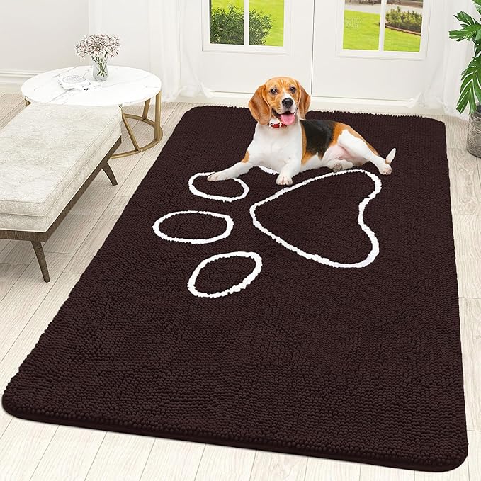 OLANLY Dog Door Mat for Muddy Paws 70x46, Paw Print Design, Absorbs Moisture and Dirt, Absorbent Non-Slip Washable Doormat, Quick Dry Chenille Mud Mat for Dogs, Entry Indoor Entryway Carpet, Brown by OLANLY