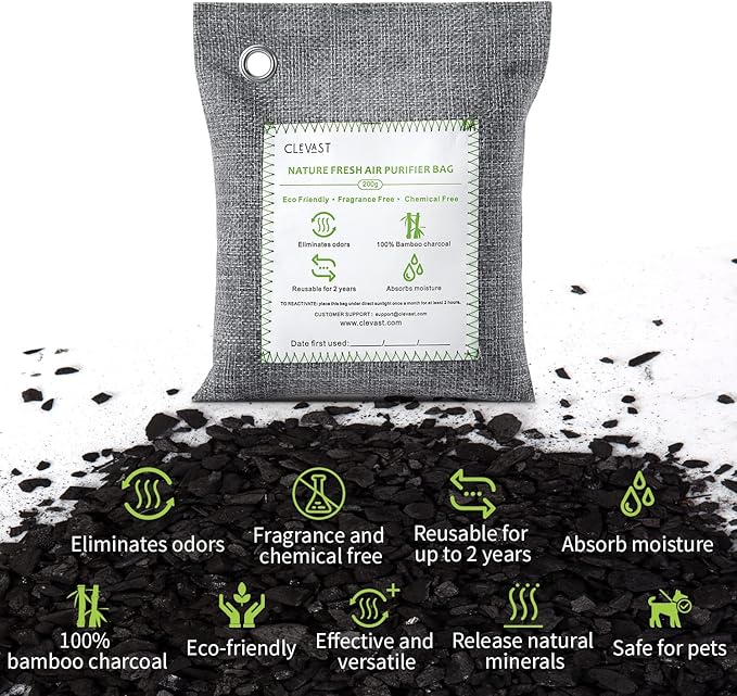 CLEVAST Bamboo Charcoal Air Purifying Bags - (Large, 4×200g), Removes Odors and Moisture, Nature Fresh Air Purifier Bags, Odor Eliminator for Home, Car, Pets, Bathroom, Basement - Image 2