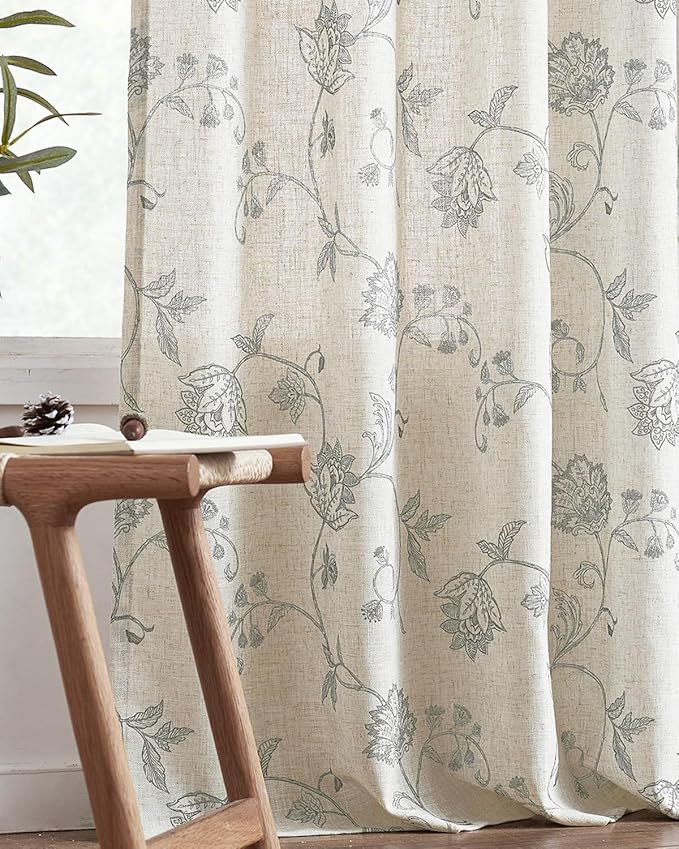 jinchan Linen Curtains Floral Curtains 63 Inch Length for Living Room Bedroom Light Filtering Rod Pocket Back Tab Jacobean Curtains Flax Linen Texture Window Drapes Set 2 Panels Dark Grey on Linen - Image 8