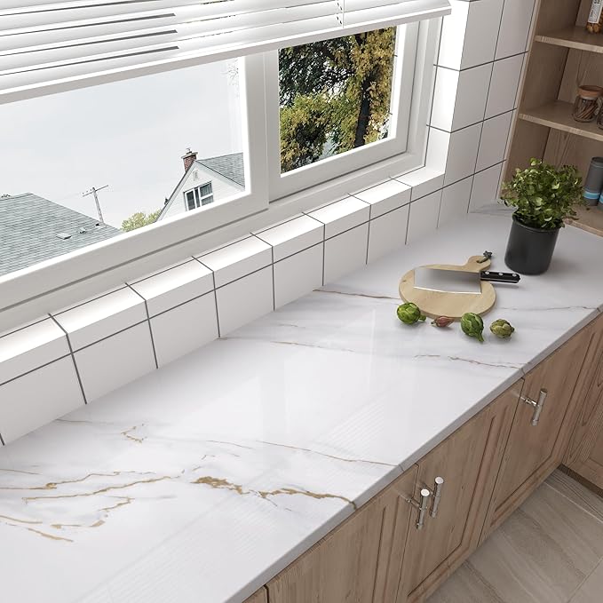 157"x31" Wide Marble Contact Paper White Counter Wrap Vinyl Waterproof Cabinet Covers Peel and Stick Granite Wallpaper Adhesive Table Cover Glossy Laminate Countertop Sheets Marble Vinyl Wrap - Image 9
