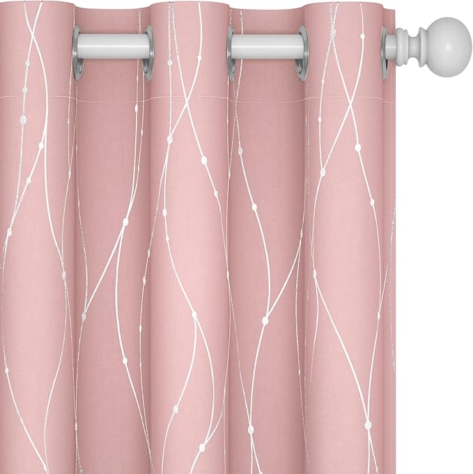 Deconovo Pink Blackout Curtains for Bedroom, Thermal Insulated Soundproof Pravicy Curtain, Silver Wave Dots Print, 42 x 63 Inch Long, Machine Washable Window Panels for Kids Room Nursery, Set of 2 by Deconovo
