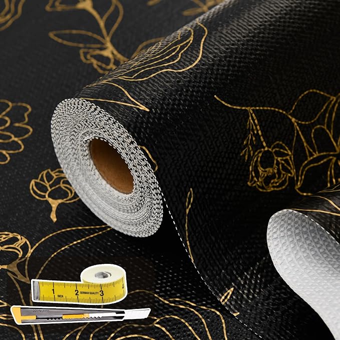 Shelf Liners for Kitchen Cabinets 23.6in x 20FT Non Adhesive Drawer Liner Black Floral Thickened Shelf Liner Paper Strong Non-Slip Easy to Clean for Tool Box Refrigerator with Knife and Tape Measure by Oneoftheworld