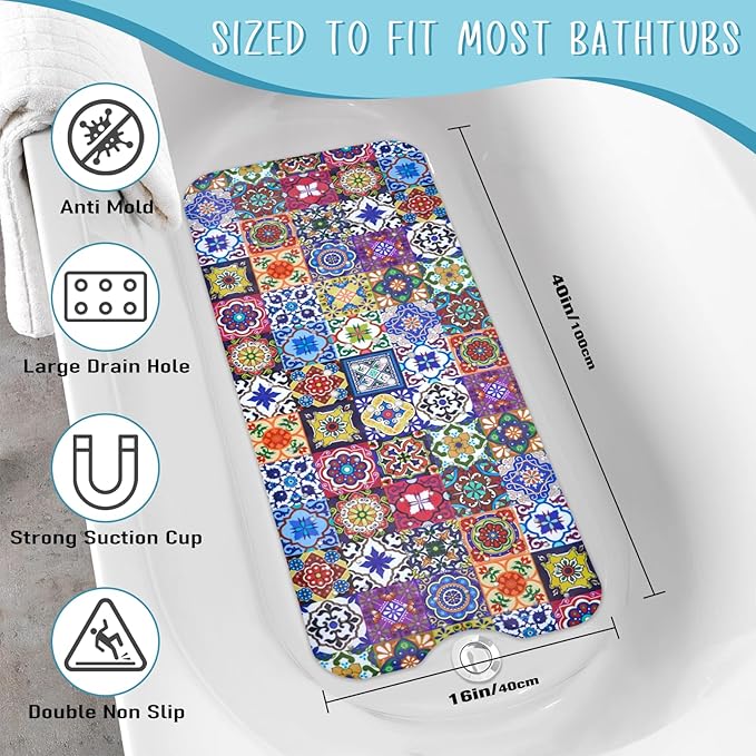 Boho Bathtub Mat Non Slip, Vintage Bath Tub Mat Baby Bath Mats for Bathroom Anti Slip Shower Mats for Inside Shower, Colorful Floral Bathmat with Suction and Drain Holes Machine Washable, 40″x16″ - Image 2