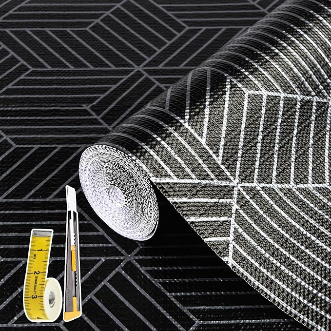 Shelf Liners for Kitchen Cabinets 17.3in x 20FT, Non Adhesive Cabinet Liner Strong Non-Slip Black and Silver Geometric Drawer Liner, Easy to Clean for Cabinet with Knife and Tape Measure by Kimhan