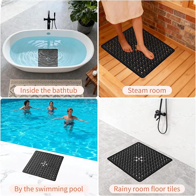 Anti-Slip Bathtub Shower mat, 20.8×20.8（Approximately 53×53cm） inch Soft Oversized Machine Washable Non-Slip Bathtub mat with Drainage Holes, Bathroom Floor Suction Cup.（1-Opaque Black） - Image 6