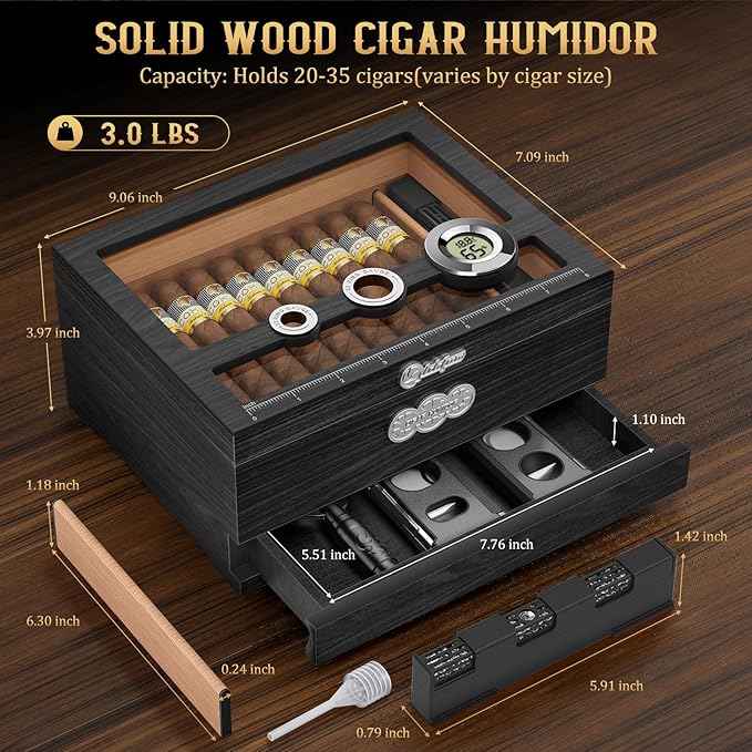 Cigar Humidor, Glass Top Desktop Humidor Box, Cigar Gifts for Men, Cedar Wood Cigars Case with Digital Hygrometer, Humidifier, Measuring Scale and Cigars Accessories Drawer - Image 4