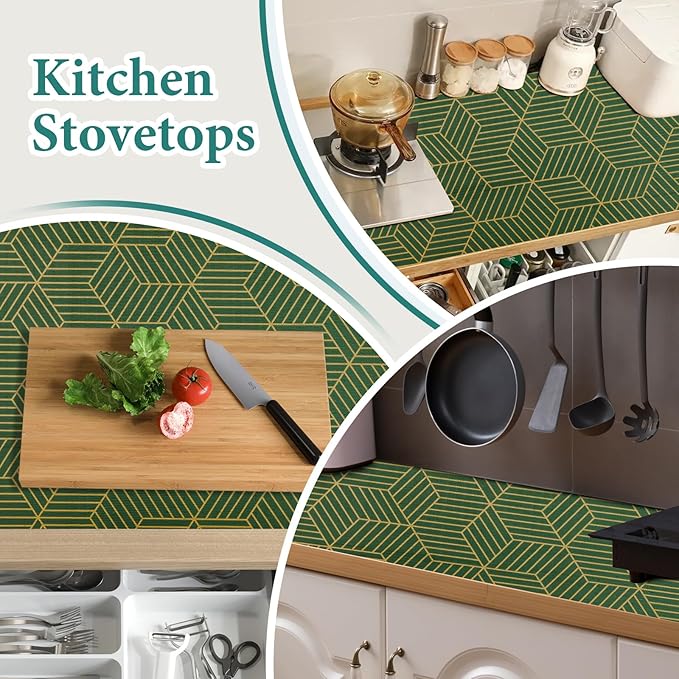 Shelf Liners for Kitchen Cabinets 12in x 20FT, Non Adhesive Cabinet Liner Strong Non-Slip Thickened Gold Green Geometric Drawer Liner, Easy to Clean for Shelf, Cabinet with Knife and Tape Measure - Image 6