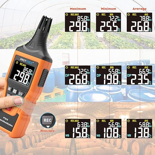 Protmex PT618 Temperature Humidity Meter, Thermometer Hygrometer Monitor with Ambient, Dew Point, Wet Bulb for Indoor/Outdoor MIN, MAX, Data Hold, LCD Backlight - Image 4