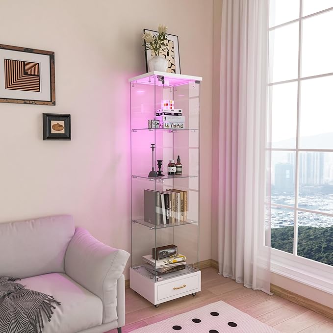 Yoluckea 4-Tier Glass Display Cabinet with LED Lighting and Drawer, 1-Door Floor Standing Curio Cabinet with Wheel for Home, Office, Corner Display, White Glass Bookshelf for Collections and Decor - Image 3