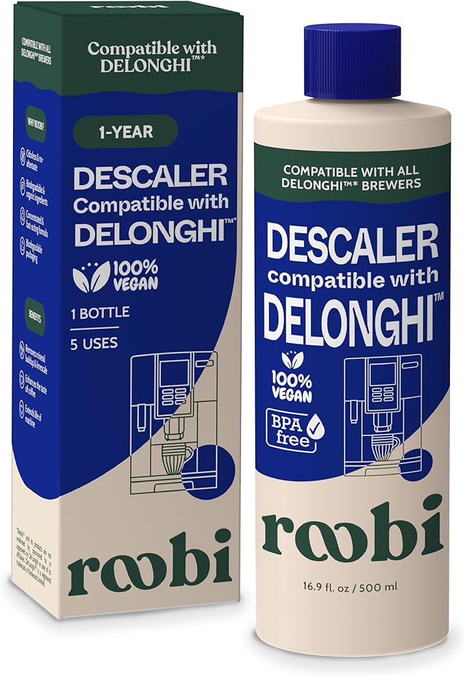 DeLonghi Compatible Descaling Solution. Clean & Descale your DeLonghi Coffee Maker. Single Bottle. Eco-Friendly Concentrated Formula. Carbon Neutral Cleaner Descaler Solution by Roobi
